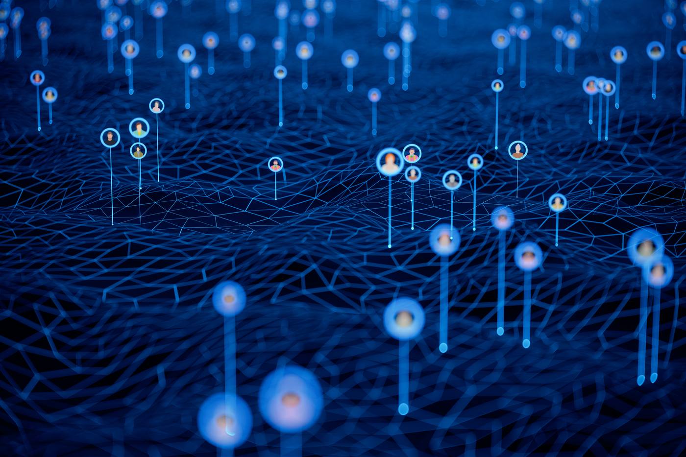 Dark 3D digital mesh with dozens of vertical glowing pins each topped by a circular portrait icon representing an identity.