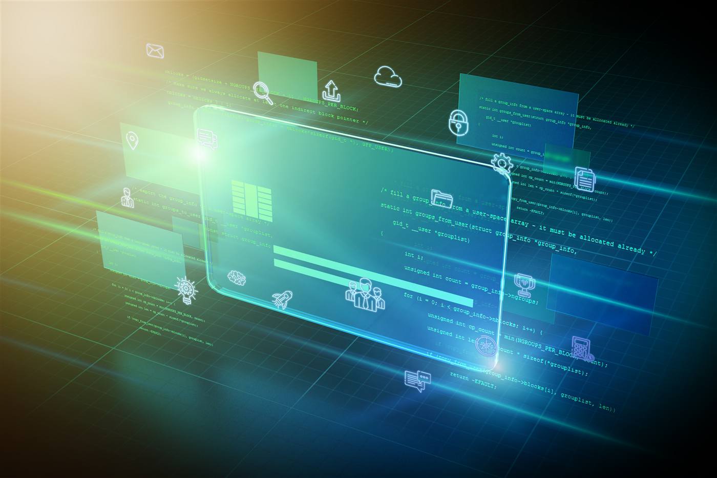 Abstract digital interface with floating panels showing code, progress bars and padlock icons against a dark grid background.